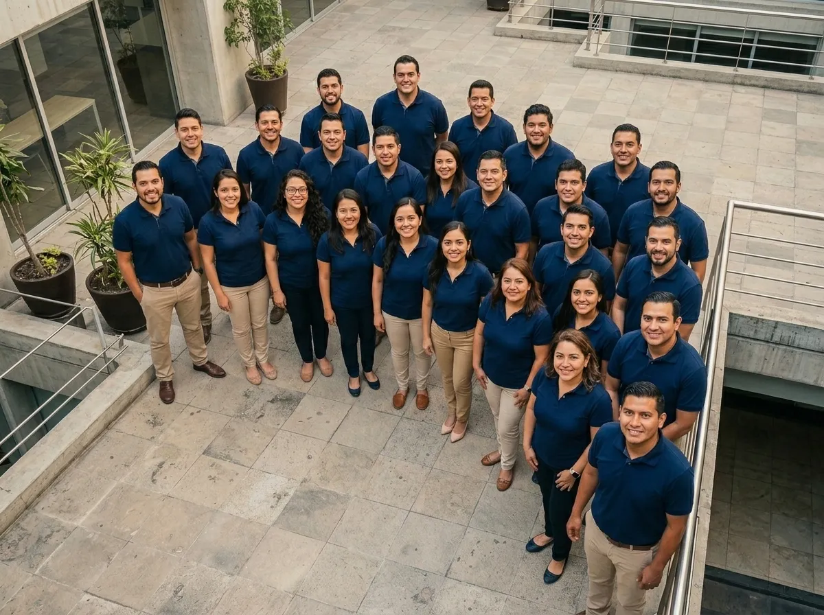 General Service team in navy uniforms gathered on an office terrace