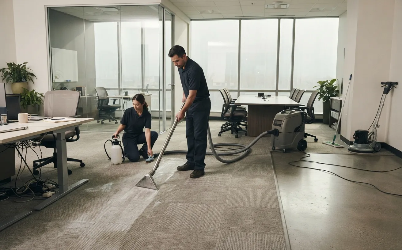 Two technicians extracting and spot-treating office carpet