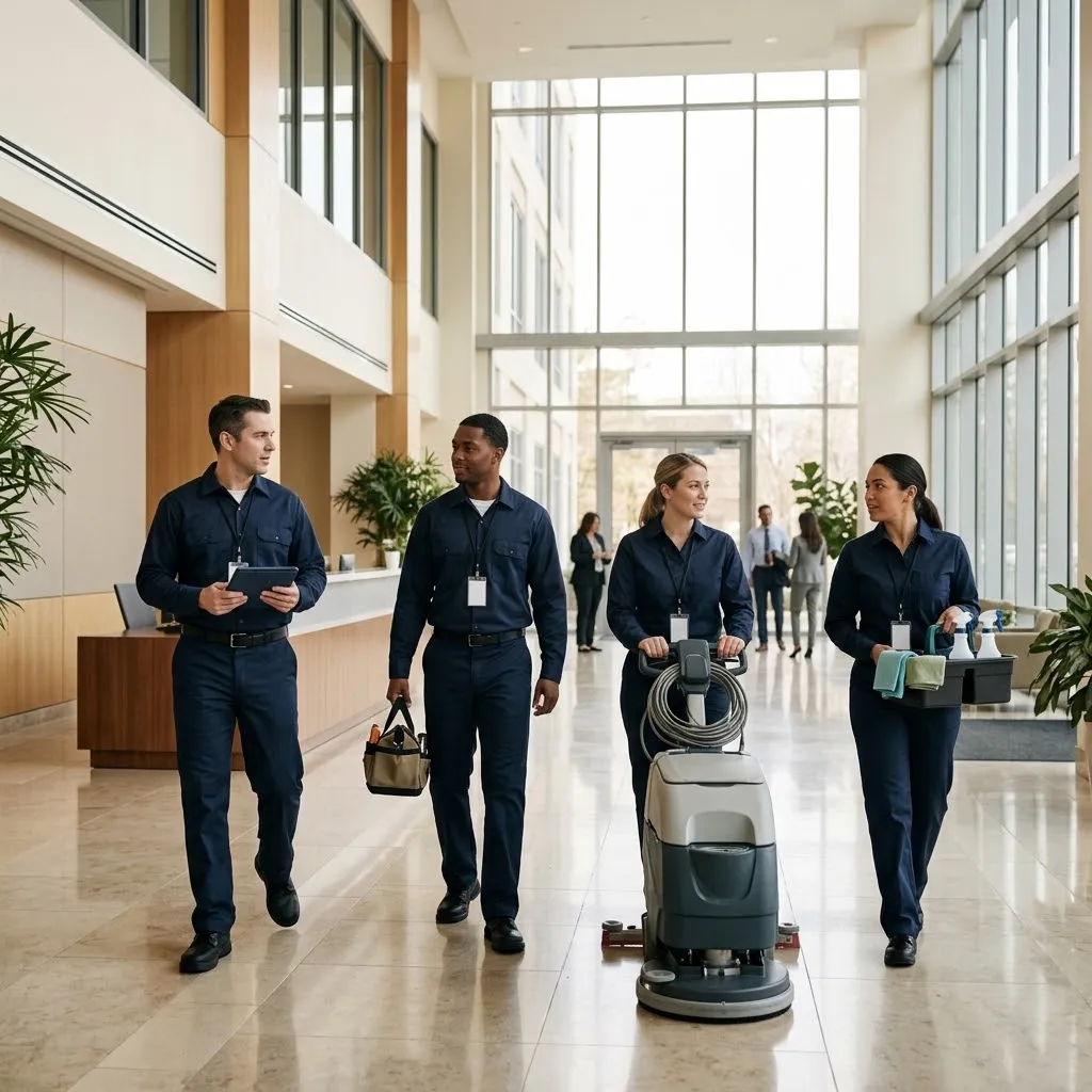 General Service maintenance and cleaning team walking through a corporate lobby
