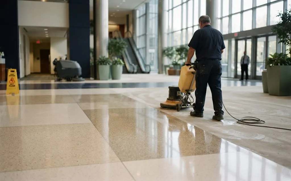 Technician polishing a terrazzo floor in a corporate lobby