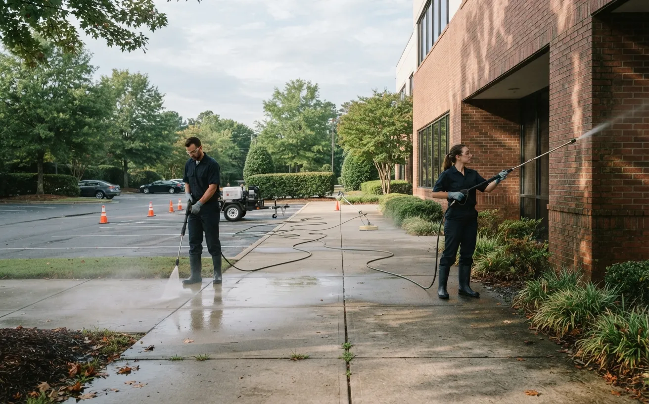 Technicians power washing a walkway and brick building wall