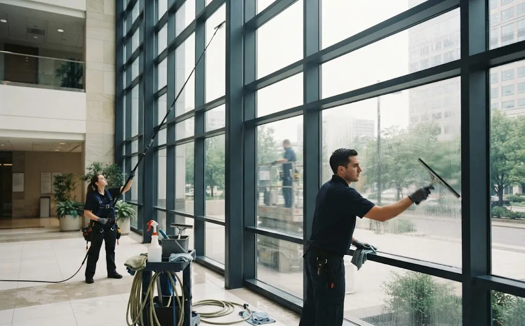 Technicians cleaning the glass wall of an office atrium